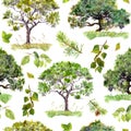 Green trees. Park, forest background. Seamless pattern with leaves. Watercolor Royalty Free Stock Photo