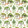 Green trees. Park, forest pattern with forest animals - deer, rabbits, antelope. Seamless background. Watercolor pattern