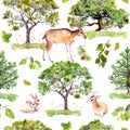 Green trees. Park, forest pattern with forest animals - deer, rabbits, antelope. Seamless repeating background Royalty Free Stock Photo