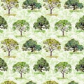 Green trees. Park, forest pattern. Repeating background with leaves. Water color