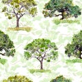 Green trees. Park, forest pattern. Seamless background with leaves. Watercolor Royalty Free Stock Photo