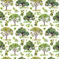 Green trees. Park, forest pattern. Seamless background with leaves. Watercolor Royalty Free Stock Photo