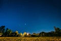 Green Trees Woods In Park Under Night Starry Sky. Night Landscape Royalty Free Stock Photo