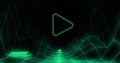 Green triangle outline play button on black background with green grid moving below