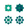 Green triangles and squares shape. Abstract geometrical tile, vector logo template. Arabic pattern element.