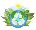 Green triangular eco recycle icon, environmental conservation. Green Earth planet. Royalty Free Stock Photo