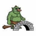 Green troll guarding stone bridge Royalty Free Stock Photo