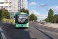 Green trolley bus on the street of Kaliningrad in summer time, Russia