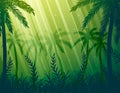 Green tropical jungle forest with palm trees, bushes and grass. Vector Illustration.