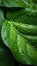 Green tropical leaf with water drops, morning dew close up view. Nature background Royalty Free Stock Photo