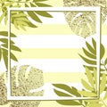 Green tropical leaves with frame. Striped background