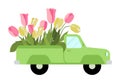 Green truck with pink and yellow tulips illustration. Perfect for card making, wedding invitation and spring postcards Royalty Free Stock Photo