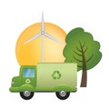 Green truck of recycling on ecological landscape