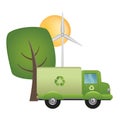 Green truck of recycling on ecological landscape