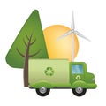 Green truck of recycling on ecological landscape