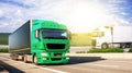 Green truck on the roads of Europe . Royalty Free Stock Photo