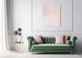 Green tufted velvet chesterfield sofa and poster on the wall. Interior design of modern living room. Created with generative AI Royalty Free Stock Photo