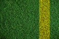 Green turf grass texture with yellow line, in soccer field Royalty Free Stock Photo