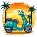 Green turquoise scooter in summer scene