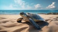 A green turtle on a sandy beach with the ocean in the background Royalty Free Stock Photo