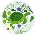 Green turtle in Scandinavian style with painted shell pattern hand drawn, among seaweed, starfish, seashells Royalty Free Stock Photo