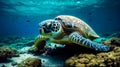 Green turtle swimming over coral reef in the blue water of the ocean Royalty Free Stock Photo