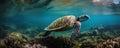 a green turtle swimming over a coral reef in the ocean with a blue sky above it and a coral reef below the water surface with a Royalty Free Stock Photo