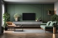 Green TV cabinet in a modern living room with chic accents