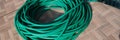 Green twisted garden hose in garden closeup