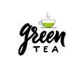 Green type of tea with cup. Hand calligraphy lettering. Vector illustration.