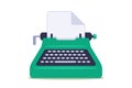 green typewriter with blank sheet of paper on white background.