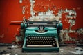 Green Typewriter in Front of Red Wall, Vintage Writing Tool Against a Vibrant Background, Vintage typewriter against a graffiti