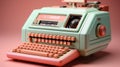A green typewriter with a pink keyboard. Generative AI image.