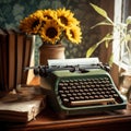 A green typewriter sitting on top of a table next to a vase of sunflowers. Generative AI image.