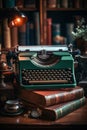 A green typewriter sitting on top of a wooden table. Generative AI image.