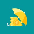 Green umbrella with gold euro coins stack under it. Vector flat icon isolated on blue. Income safe Royalty Free Stock Photo