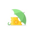 Green umbrella with gold euro coins stack under it. Vector flat icon isolated on white. Income safe Royalty Free Stock Photo