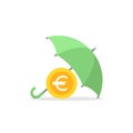 Green umbrella with gold euro coins stack under it. Vector flat icon isolated on white. Income safe Royalty Free Stock Photo