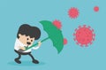 Green umbrella protecting young businessman immune coronavirus