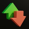 Green upward and red downward pointing arrows. 3D rendering illustration.