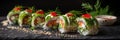 Green Uramaki Sushi Roll, Maki Susi Rolls on Black Slate with Rice, Cream Cheese, Fried Salmon