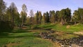 Green valley with a small river and an ancient stone bridge across it