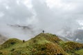 Green valley surrounded by mountains in clouds, Choquequirao trek between Yanama and Totora, Peru Royalty Free Stock Photo