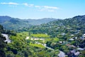 Green valley surrounded by slopes covered with cosy suburbuan houses in Wellington, New Zealand. Royalty Free Stock Photo