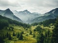 a green valley with trees and mountains