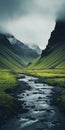 Moody River: A Stunning Landscape Of Mountains, Green Grass, And Otherworldly Scenes