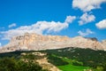 Green valley of Trentino Alto Adige, Italy, there is a village, many pine trees and the rocky mountains