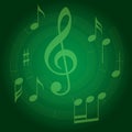 Green vector background with spiral music staff and gradient