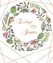 Green vector wreath frame flowers and leaves.Branches, brunia, eucalyptus, leucadendron, gaultheria, salal, jatropha. On white