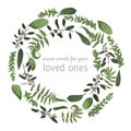 Green vector wreath frame made from twigs and leaves of eucalyptus, boxwood and fern isolated on white background. For wedding in Royalty Free Stock Photo